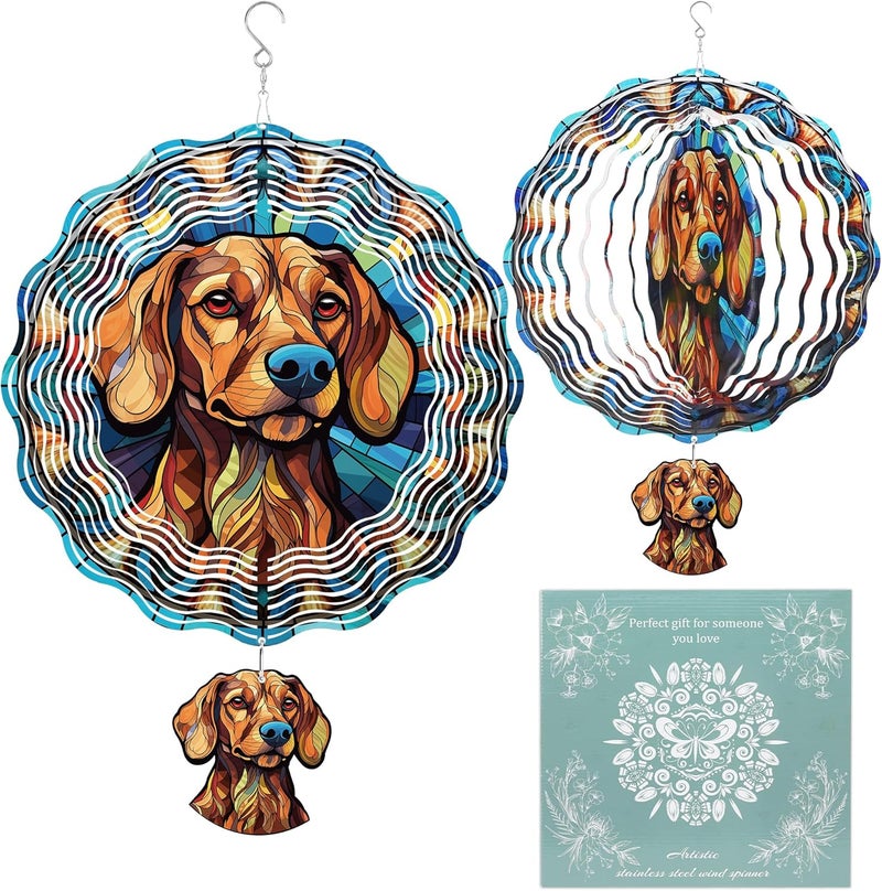 Romart Dachshund Wind Spinners Outdoor, Wiener Dog Gifts Garden Hanging Wind Spinner, Stained Glass Style 3D Stainless Steel Outdoor Decor for Patio Yard Lawn - Image 1